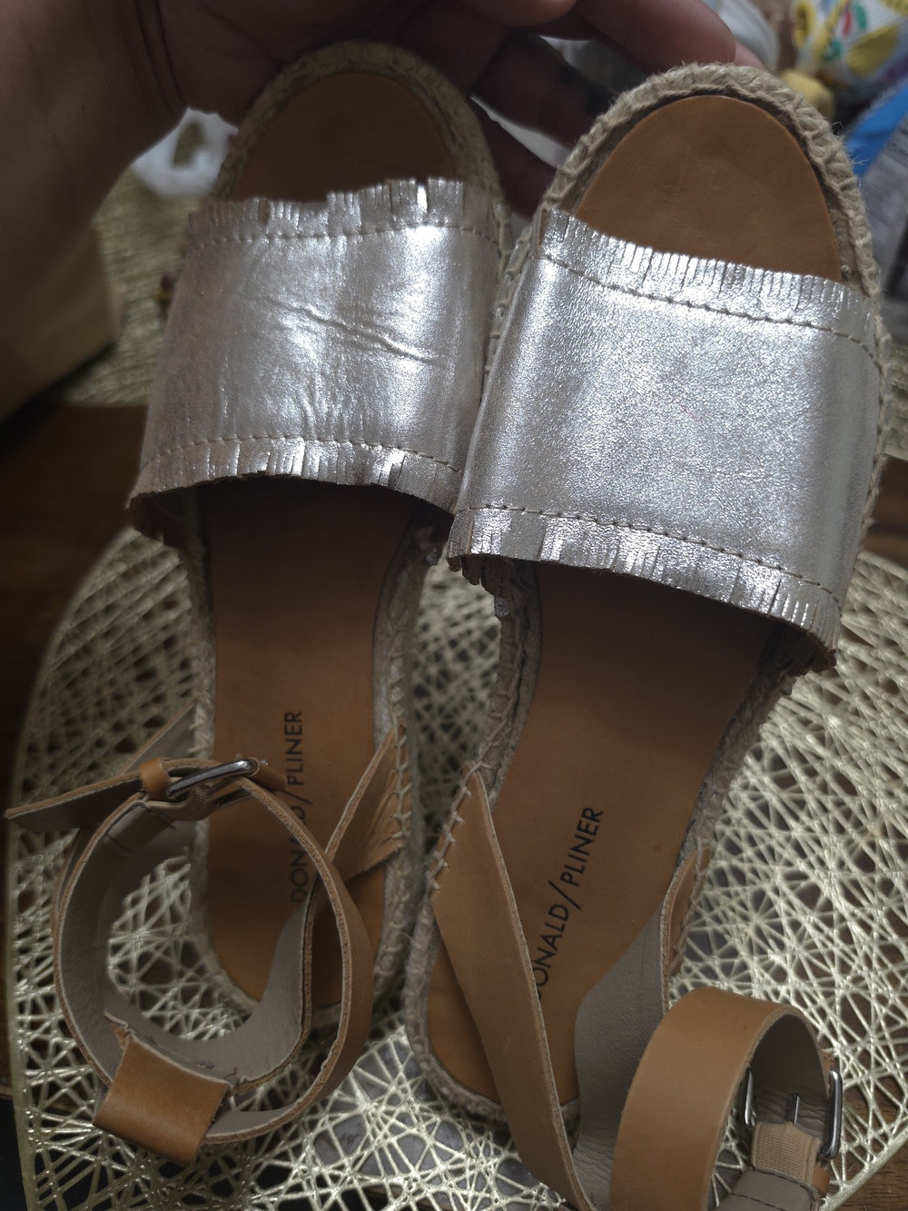 Donald J. Pliner Metallic Silver Espadrille Sandals with Tan Straps